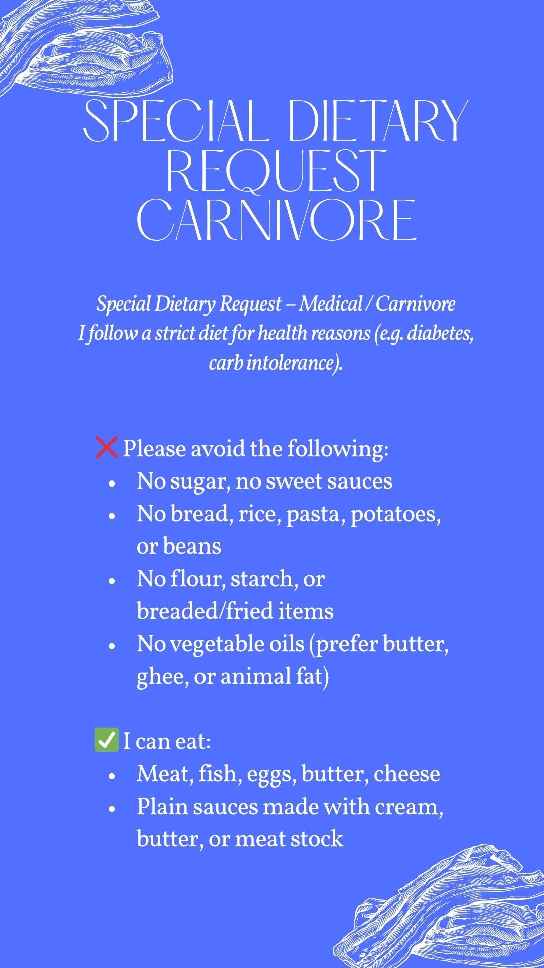 Carnivore Special Dietary Request Card